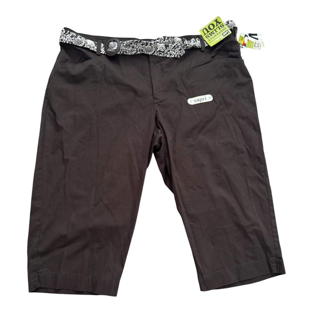 LEE Women Brown Natural Fit Capri Instantly Slims You Belted Pants Plus 24W NEW